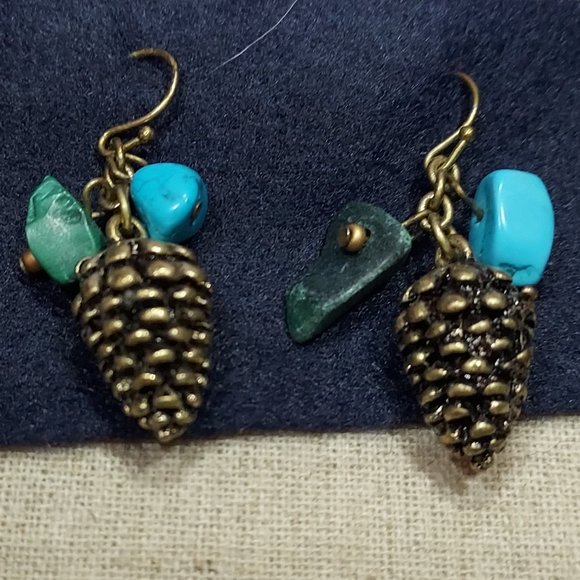 Pine Cone turquoise and malachite stone dangle earrings - Picture 3 of 4